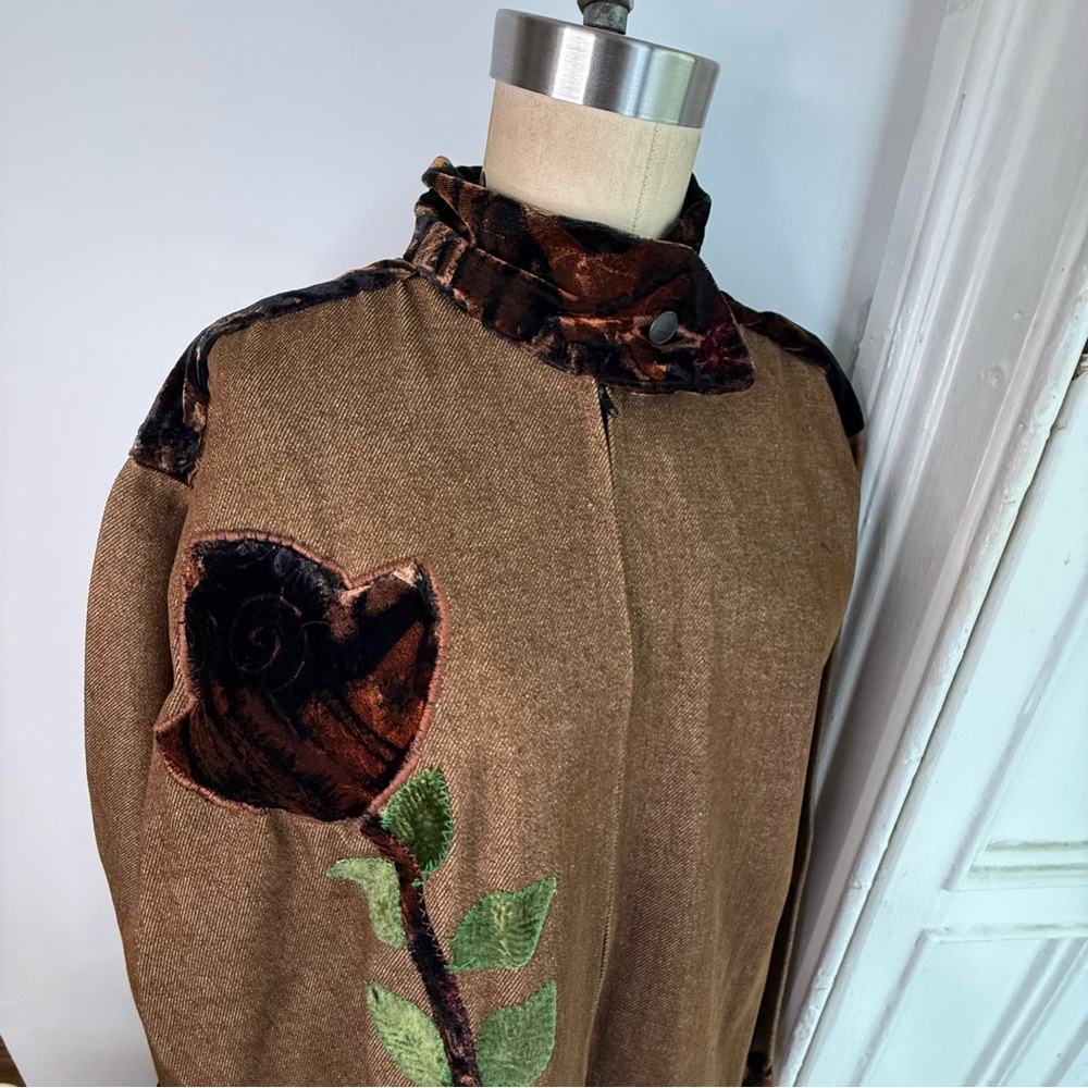 Brown Denim maximalist flower zip up velvet patch work bomber jacket - Picture 6 of 16